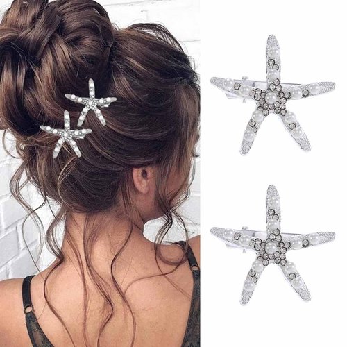 BARTOSI Starfish Hair Clips Silver Pearl Hair Barrettes Crystal Hair Pin Bride Wedding Hair Pieces Mermaid Hair Accessories for Women and Girls (Pack of 2)