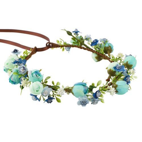 KorViSHOW Handmade Flower Crown Fairy Green Leaf Headpiece Floral Headband for Bridal Weeding Elf Wreath Girls Headdress Cosplay Photo Prop(Blue Style)