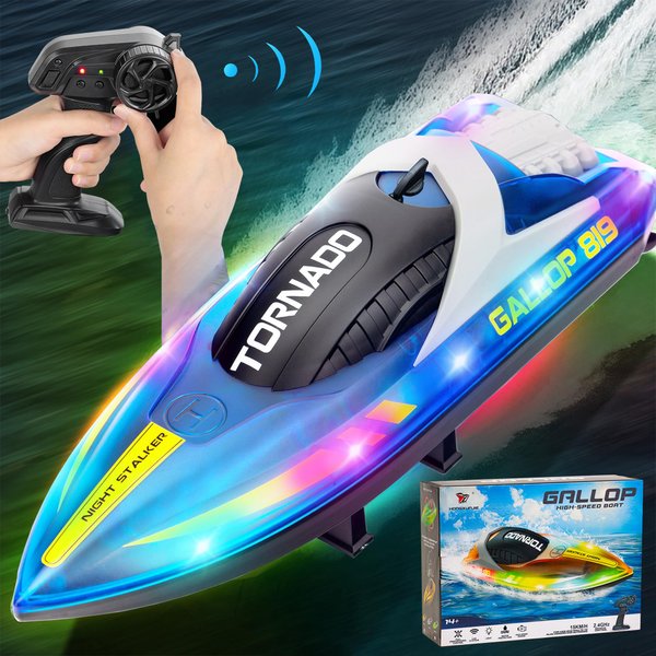 RANFLY Remote Control Boats for 8-12, 15+ MPH Fast RC Boat with LED Lights, 2.4G RC Electric Speed Boats Pool and Lakes Toys for Kids