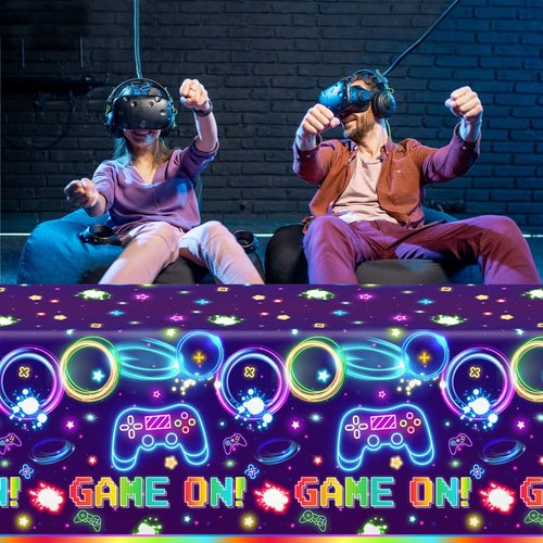 Pymurod 3pcs Video Game Table Cloth Game On Neon Gaming Birthday Tablecloths for Kids Boys Girls Video Game Party Decorations Favors Gaming Party Table Covers Supplies