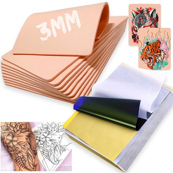3MM Fake Skin with Transfer Paper, CINRA 18PCS Tattoo Practice Skin and Tattoo Tracing Paper Kit Including 8PCS Thick Tattoo Skin and 10PCS Tattoo Stencil Paper for Tattoo Practice Tattoo Supplies