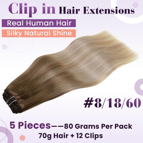 LaaVoo Clip in Hair Extensions Balayage Light Brown to Ash Blonde Mix Platinum Blonde Ombre Hair Extensions Real Human Hair Clip ins 12 Inch Short Hair Extensions Clip ins 5pcs 80g