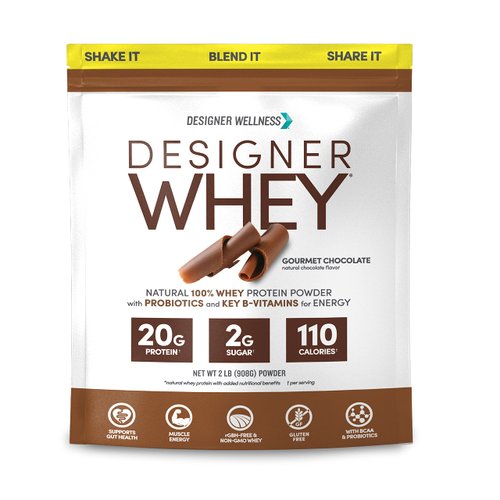 Designer Wellness, Designer Whey, Natural Whey Protein Powder with Probiotics, Fiber, and Key B-Vitamins for Energy, Gluten-Free, Gourmet Chocolate, 2 lb
