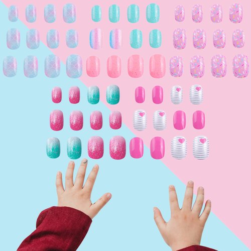 SIUSIO 120 Pcs 5 Pack Children Acrylic Fake Nails Press on Pre-glue Full Cover Glitter Gradient Color Rainbow Short False Nail Art Kits Set for Kids Little Girls - Multicolor Gradient Series