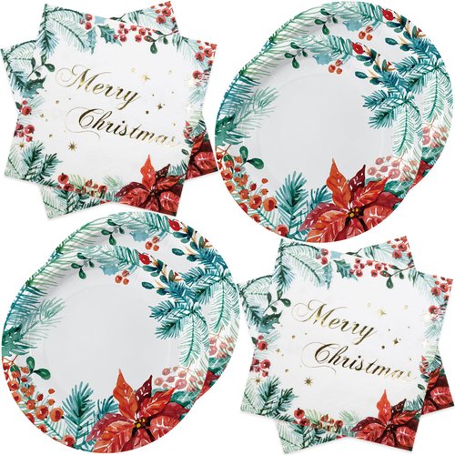 Christmas Paper Plates and Napkins Set Watercolor 60 Pieces Poinsettia Party Dinnerware Set Disposable Tableware Christmas Party Supplies Table Decorations
