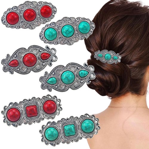 6 PCS Metal Western Hair Clips Snap Boho Hair Clips Artificial Turquoise French Hair Barrettes Vi...