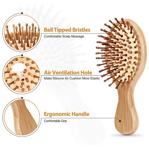 Pack of 2 Bamboo Hair Brushes, 100% Natural Eco-friendly Hair Brush with Bamboo Bristles, Massages Scalp Anti-Static Hair Detangle for All Types, Lightweight(MINI)