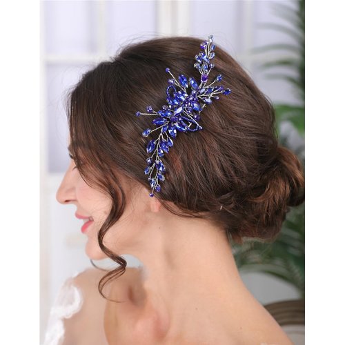 Teyglen Crystal Bridal Wedding Hair Comb Blue Rhinestone Hair Comb Handmade Crystal Hair Piece Hair Accessories for Bride Side Comb Rhinestone Headpiece for Women