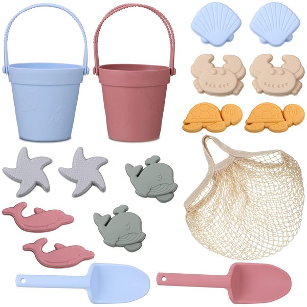 Hungdao 16 Pcs Silicone Beach Toys and 1 Mesh Beach Bag Set Collapsible Sand Toys Travel Sand Box Toys Blue Red Sand Bucket Shovel and 3D Marine Theme Molds for Summer Outdoor Beach (Lovely Style)