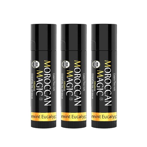 Organic Moroccan Magic Lip Balm 3 Pack | Peppermint Eucalyptus Lip Balm Set | Chapsticks for Dry Lips | Made with Natural Argan, Essential Oils Lip Moisturizer and Vitamin E | Smooth Application
