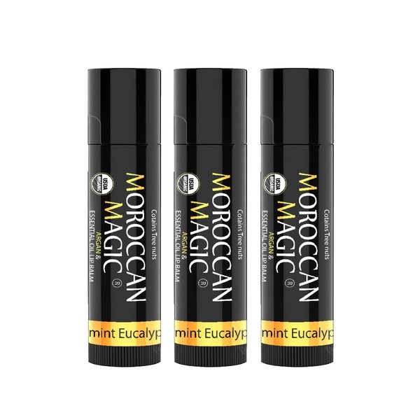 Organic Moroccan Magic Lip Balm 3 Pack | Peppermint Eucalyptus Lip Balm Set | Chapsticks for Dry Lips | Made with Natural Argan, Essential Oils Lip Moisturizer and Vitamin E | Smooth Application