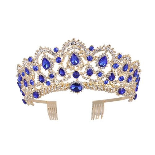 FRCOLOR Jeweled Baroque Queen Crown, Korean Water Drill Bride Crown Top Hair Tiara Crystal Wedding Tiara Quinceanera Crown Costume Party Hair Accessories (Blue)