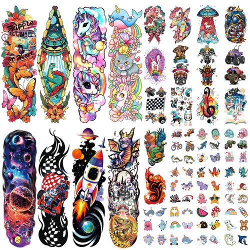 52 PCS Kids Full Arm Temporary Tattoo, Fake Tattoos for Kids, Rocket Car Dinosaur Planet Astronau...