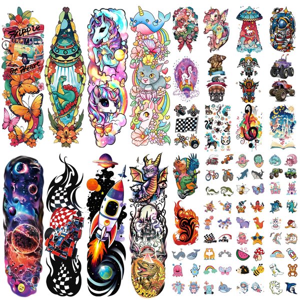 52 PCS Kids Full Arm Temporary Tattoo, Fake Tattoos for Kids, Rocket Car Dinosaur Planet Astronaut Tattoo for Boy, Dolphin Castle Cat Body Arm Tattoos Stickers for Girl, Party Supplies Gifts for Kids