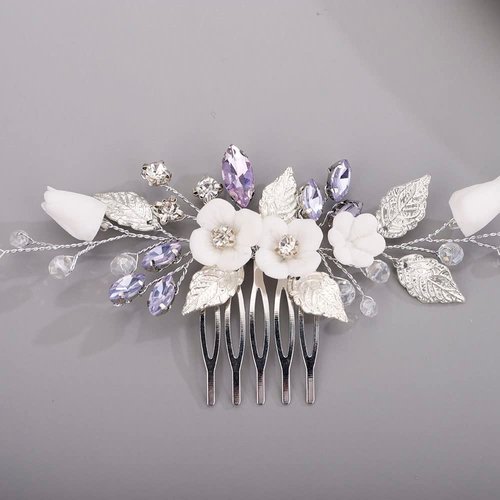 Chargances Wedding Purple Rhinestone Hair Comb Bridal White Flower Leaf Hair Side Comb Silver Crystal Handmade Headpiece Hair Accessories for Women and Girls (Lavender)