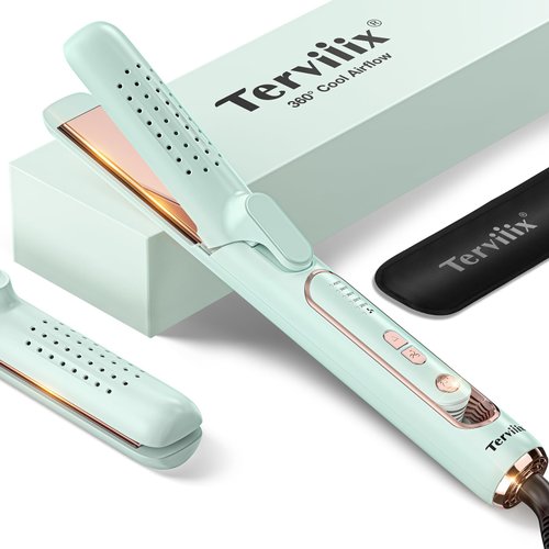 Terviiix Airflow Styler Hair Straightener, Titanium Flat Iron for Travel, Straightening Iron with Cooling Air Vents to Lock in Style, 5 Adjustable Temp, Dual Voltage, Auto Shut Off, Mint Green