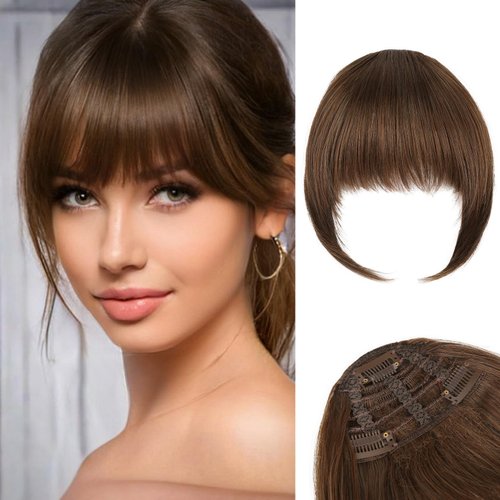 REECHO Bangs Hair Clip in Bangs, 3 Secure Clips in Blunt Cut Full Fringe French Bangs Natural Thick Volume Synthetic Fake Bangs with Temples Hairpieces for Women Daily Wear - Medium Brown