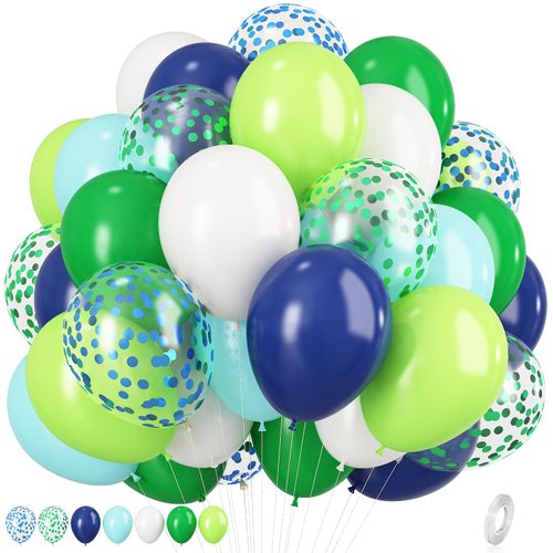 Blue and Green Balloons, 12 Inch Navy Blue Dark Green Balloons, Fruit Green Teal Blue White Latex Balloons with Blue Green Confetti Balloon for Birthday Football Video Game Jungle Dinosaur Theme Party