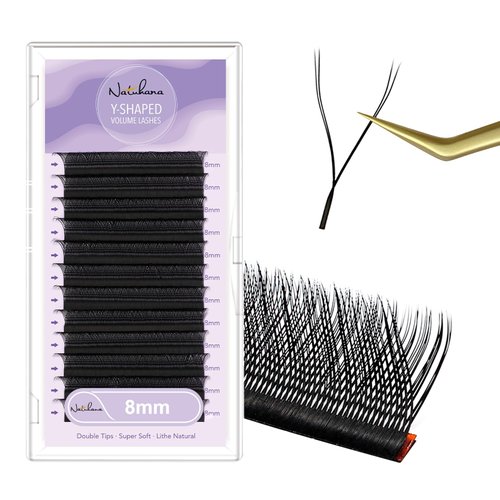NATUHANA YY Eyelash Extension 0.07mm D Curl 8mm Single Size Tray Lash Supplies Premade Fans Y Shape Volume Lash 12Raws/Case Premium Faux Mink False Lash Extensions (8mm, black;0.07D)
