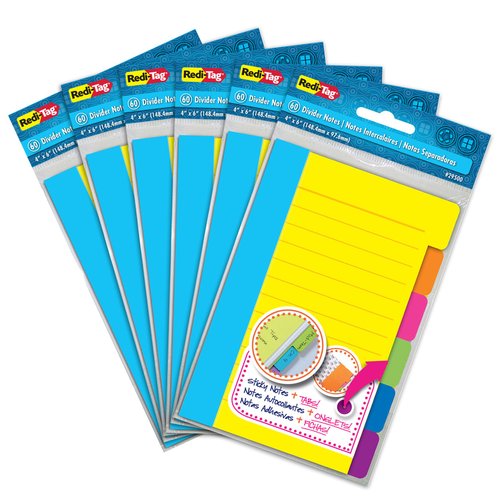 Redi-Tag Divider Sticky Notes, Tabbed Self-Stick Lined Note Pad, 60 Ruled Notes per note , 4 x 6 Inches, Assorted Neon Colors, 6 count/pack - pack of 6 (10291)