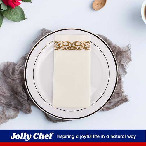 JOLLY CHEF 100 Disposable Hand Towels, Soft and Absorbent Linen Feel Dinner Napkin, Elegant Decorative Paper Guest Towels for Kitchen, Bathroom,Weddings,Parties, Gold and White