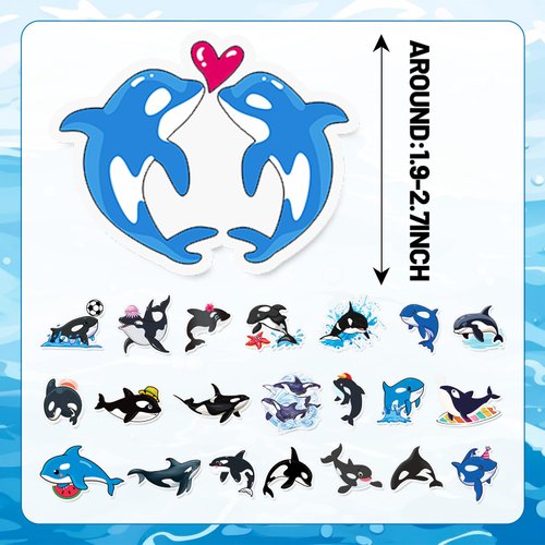 100 PCS Orca Whale Stickers, Orca Killer Whale Party Favors Under The Sea Ocean Animal Orca Birthday Party Decorations Supplies Waterproof Vinyl Stickers for Kids Boys Girls Water Bottle Laptop
