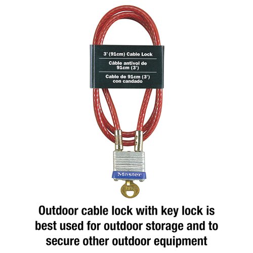 Master Lock 719D Steel Cable with Integrated Outdoor Padlock with Key, 1 Pack, Silver, 3' Long x 3/16' Diameter