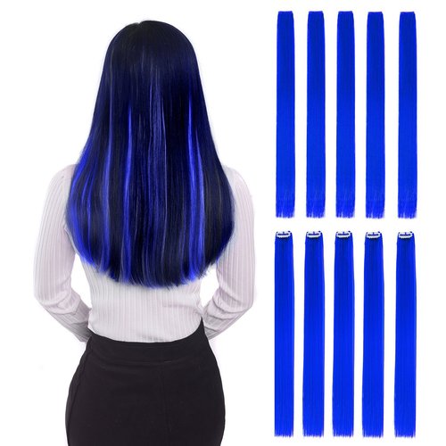 Colored Clip in Hair Extensions 22&quot; 10pcs Straight Fashion Hairpieces for Party Highlights Blue