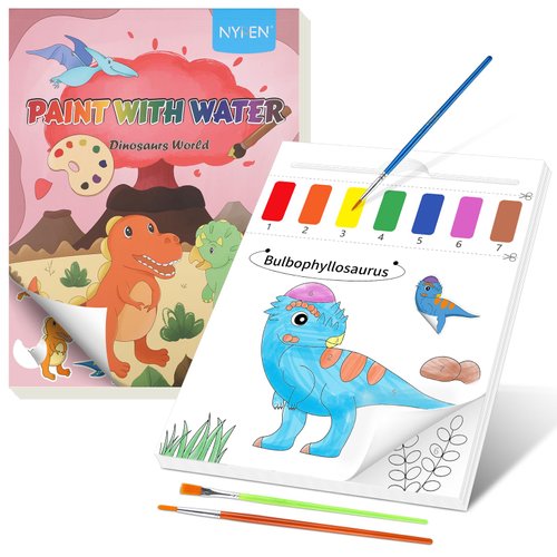 NYPEN Paint with Water Coloring Book for Toddlers, Mess Free Watercolor Painting Books Kit for Kids Ages 2 3 4 5 6, Art Craft Gift for Drawing with Stickers & Brushes, Dinosaurs