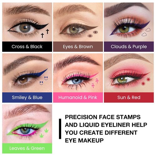 evpct 7Pcs Colored Winged Eyeliners Face Stamp Set, Black Brown Purple Blue Red Pink Green Stamps Eyeliner, Star Flowers Heart Moon Triangle Lightning Butterfly Colorful Eye Liners Stamp Makeup Kit 02