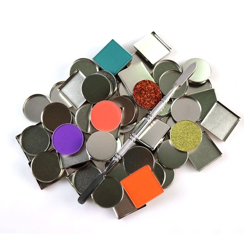 SZDYM 50 Pcs Empty Metal Pans, Makeup Palette Pans for Eyeshadow Magnetic Cosmetic Palette Size 26mm (Square&Round&depotting spatula)
