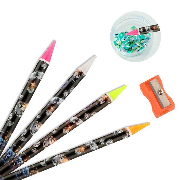 Telooco 4Pcs Rhinestone Picker Tool Self Adhesive Wax Pencil Diamond Art Tools Rhinestone Applicator Nail Point Drill Pen Resin Picker Dotting for Nail Art DIY with Pencil Sharpener