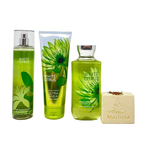 Bath & Body Works White Citrus 3 Piece Value Pack - Fragrance Mist - Body Cream - Shower Gel - with a Creamy Rose Bar Soap