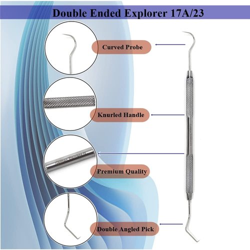 Dental Explorer Double Ended Probe 17A/23 for Professional Teeth Cleaning Calculus Plaque & Tartar Remover - Made of Stainless Steel for Oral Care with Knurled Handle, Double Ended Pick