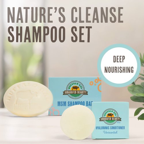 Buffalo Gal Grassfed Beauty - MSM Shampoo Bar + Hyaluronic Hair Conditioner Bar, Solid Bar Shampoo and Conditioner for Hair Growth, Non-Soap, For All Hair Types, Unscented, Set of 2