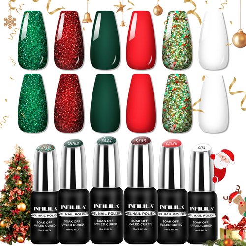 NXJ INFILILA Christmas Gel Nail Polish 6 Colors, Winter Christmas Hema Free Gel Nail Polish Set Sparkle Dark Green Red Glitter Silver New Year Fall Gel Polish Kit Nail Art Manicure Christmas Gift Set