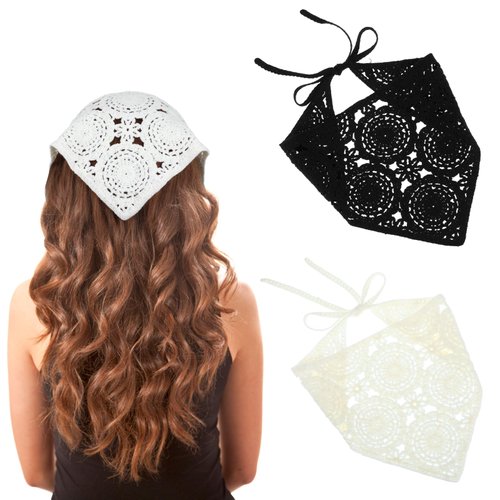 Nogeqi 2pcs Crochet Bandana,Vintage Crochet Headband for Women,Cute Knitted Crochet Head Scarf,Girl's Vintage Hair Accessories for Hair Styling Decor(Black Beige)