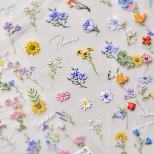 3Sheets Wild Flower Nail Art Stickers Spring Daisy Embossed Sunflowers Floret Greenery Flowers Nail Decals for Women Girls Summer Salon DIY Acrylic Nails Design Supplies (Flower B)