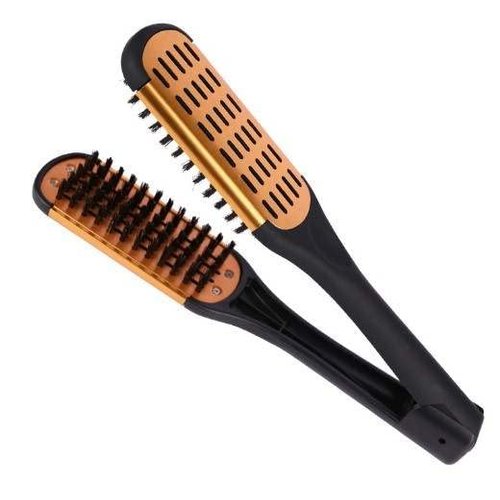 BeaverStrong Boar Bristle Double Sided Hair Straightener Brush with Metal Plates - Anti-Static Handle and Hair Dryer Friendly (Golden)