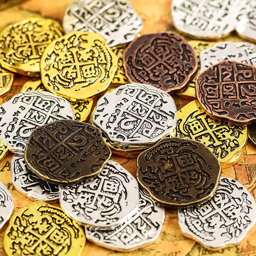 Hicarer 35 Pieces Gold Coins Pirate Coins Metal Fake Coins Pirate Treasure Coin Toys for Party Favor Decorations, Bronze, Red Antique Bronze, Antique Gold and Antique Silver