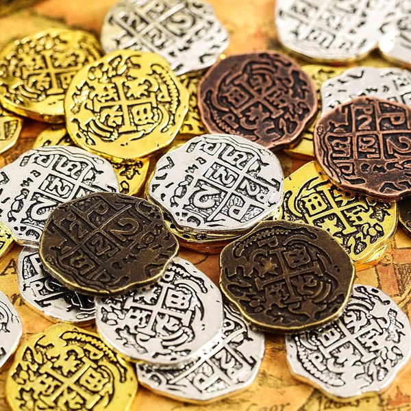 Hicarer 35 Pieces Gold Coins Pirate Coins Metal Fake Coins Pirate Treasure Coin Toys for Party Favor Decorations, Bronze, Red Antique Bronze, Antique Gold and Antique Silver