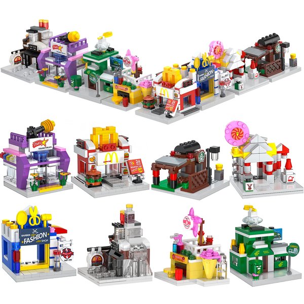 8 Packs Mini City Shop Street View Building Blocks Kit,MOC Construction Creative Educational Kit with Hair Salon & Café Store,Girls Boys Dream Toy Set,Christmas Birthday Party Favors for Kids