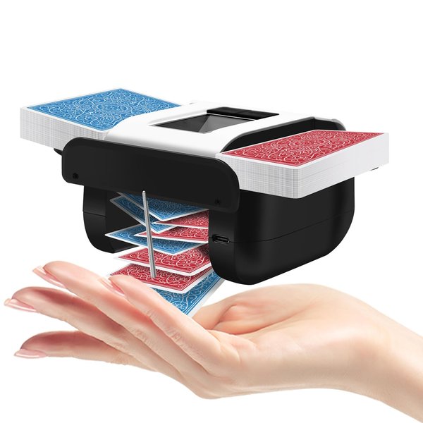 CARDSPIN Palm-Sized 2-Deck Card Shuffler – Low-Noise Automatic UNO Shuffler with Manual & Auto Modes, Rechargeable & Portable for UNO, Skip-Bo, Poker, Phase 10 Games (2-Deck)