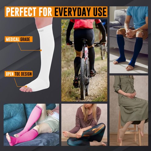 Doc Miller Open Toe Compression Socks, 20-30 mmHg, Toeless, Support Circulation, Shin Splints, Calf Recovery, Post Op, Knee High, Medical Grade, White Socks, Small Size for Men & Women, Pair