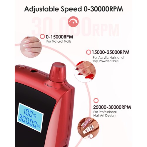Beloving Portable Nail Drill Machine,30000RPM Rechargeable Electric Nail File Professional with Speed Display,Sanding Bands and Bits,Efile for Acrylic Dip Gel Nails Manicure Pedicure Home Salon Use