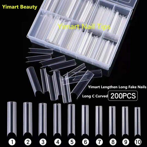 Yimart Long C Curved False Nail Tips - C Curved Nail Tips - Long C Curve False Nails - 200pcs/box XL C Curve Fake Nails Premium Square French Acrylic Nail Tips (Clear With Box)