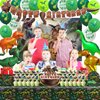 Dinosaur Birthday Party Supplies, Dinosaur Style Decorations Include Backdrop, Tablecloth, Banners, Cake Decoration, Cupcake Toppers, Latex and Aluminum foil Balloons, Hanging Swirls, Tableware Set