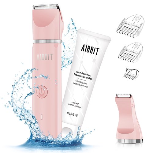 Bikini Trimmer & Gel for Women - 2 in 1 Electric Lady Pubic Hair Groomer Painless Hair Removal Razor Body Shaver, Portable Ladies Shaver with 2 Trimmer Heads, IPX7 Waterproof
