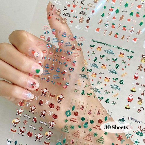 30 Sheets Christmas Nail Stickers for Nail Art Snowflake Snowman Nail Stickers Santa Elk Tree Xmas Nail Design Stickers 3D Self-Adhesive Nail Decals Winter Holiday Nail Art Decorations Accessories