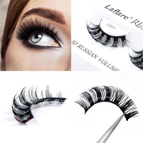 Laflare 3D False Eyelashes Russian Volume Strip Lashes | Fluffy, Wispy, Lightweight | Faux Mink Eyelashes Extension D Curl Wispy Handmade Soft Reusable 3 Packs Value Combo. (FDD01X3C)
